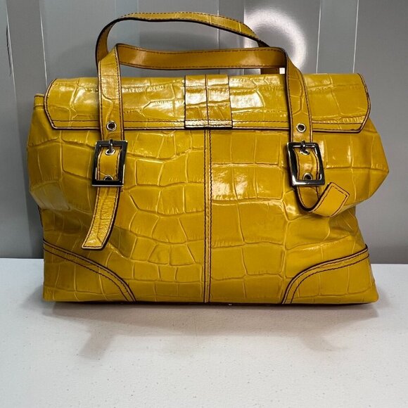 Maxximum Crocodile Embossed Yellow Leather Handbag Retro VIntage Bright Funky - Picture 4 of 14